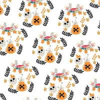 Delicate vector pattern for Halloween. Jars, ghosts, leaves on Halloween theme.