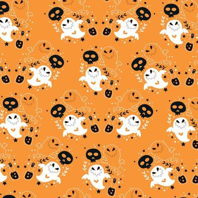 Halloween vector pattern. Halloween party vector illustration. Ghost, skull, potion bottle on yellow background