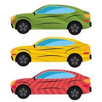 A set of three cars painted in different colors. Vector illustration