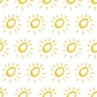 Hand drawn sun. Seamless pattern of simple sketch sun's. Solar symbol. Yellow doodle isolated on white background. Vector illustration.