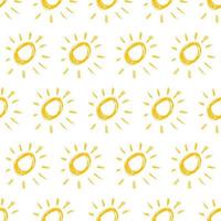 Hand drawn sun. Seamless pattern of simple sketch sun's. Solar symbol. Yellow doodle isolated on white background. Vector illustration.