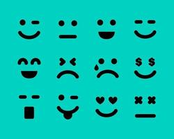 Cartoon faces with emotions. Set of twelve different emoticons. Vector illustration