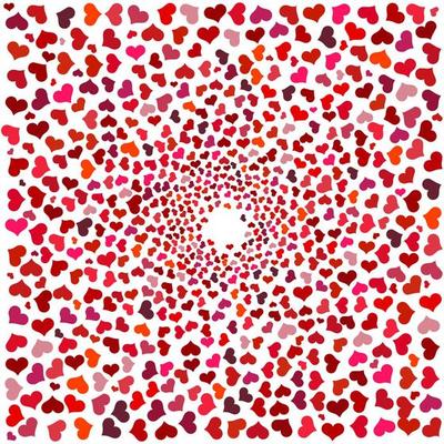 Abstract background with red hearts. Swirling red hearts on a white background. Vector valentine and wedding illustration.