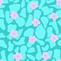 Seamless pattern with pink abstract flowers and animal skin texture on blue background,print for wallpaper,kids textile,baby fashion,girly illustration with botanical motif vector