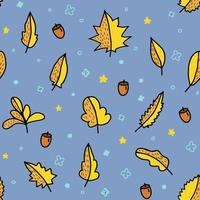 Seamless pattern with hand drawn vector abstract leaves and acorn,bright autumn illustration for cover,wallpaper,interior design,textile print,simple botanical motif, blue background