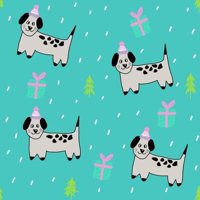 abstract Merry Christmas time doodle illustration,seamless pattern with dogs in hat, gift,snowlakes and xmas trees on turquoise background,print for decoration,kids fashion,interior design