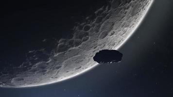 Partial cinematic view of the moon when an asteroid or meteor enters lunar orbit. 3d moonscape background.Can see textured surface with craters of our natural satellite, Zoom observation from space video