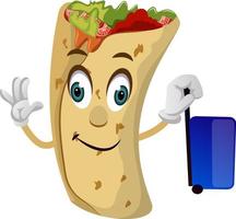 Burrito with blue suitcase, illustration, vector on white background.