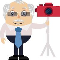 Old man with red camera, illustration, vector on white background.