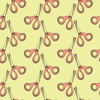 tijeras rojas, patrón sin costuras sobre fondo amarillo. vector