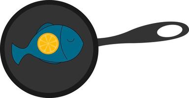 Fried fish in a pan with lemon, illustration, vector on white background.