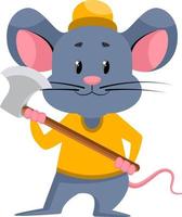 Mouse with axe, illustration, vector on white background.