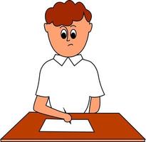 Boy doing paperwork, illustration, vector on white background.