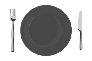 Plato negro vacío con tenedor y cuchillo en diseño plano png