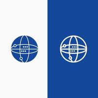 mundo internet computación globo línea y glifo icono sólido bandera azul vector