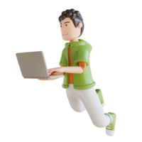 3D illustration business man flying holding laptop png