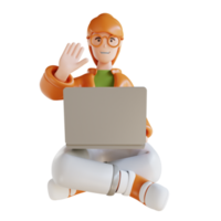 3D illustration business woman sitting holding laptop and raising hand png