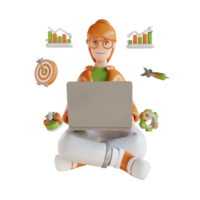 mulher de negócios de ilustração 3D sentada com aparência de laptop png