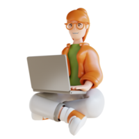 3D illustration business woman sitting with laptop png