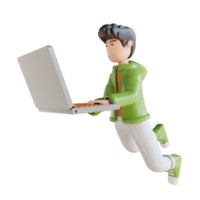 3D illustration business man flying holding laptop png