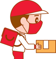 hombre lindo de dibujos animados con uniforme rojo y blanco con mascarilla entregar paquete png