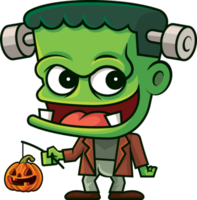 feliz Halloween. monstruo verde lindo de dibujos animados con linterna de calabaza naranja png