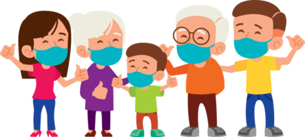 Family wearing medical face masks with good hand sign to prevent against virus and bacteria. Coronavirus global pandemic awareness