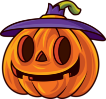 Happy halloween with cartoon cute funny pumpkin wearing witch hat png