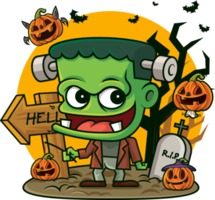 Cartoon little green monster holding pumpkin lantern with little ghost pumpkins png