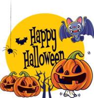 Happy Halloween. Cartoon cute Jack O Lantern orange pumpkin and bat characters with big greeting signage png