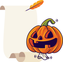 Happy Halloween. Cartoon cute pumpkin with funny face on empty vintage scroll png