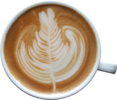 Top view of a mug of latte art coffee on timber background. png