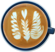 Top view of a mug of latte art coffee on timber background. png