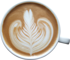 Top view of a mug of latte art coffee on timber background. png