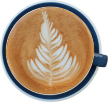 Top view of a mug of latte art coffee on timber background. png