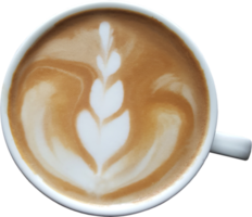 top visie van een mok van latte kunst koffie Aan hout achtergrond. png