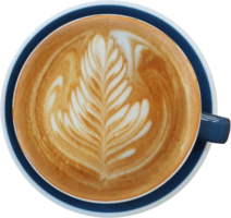 Top view of a mug of latte art coffee on timber background. png