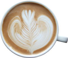 Top view of a mug of latte art coffee on timber background. png