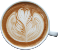 Top view of a mug of latte art coffee on timber background. png