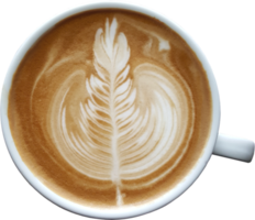 Top view of a mug of latte art coffee on timber background. png