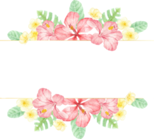 akvarell röd sommar tropisk blomma hibiskus och plumeria med gyllene fyrkantig banner png