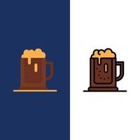 fiesta de alcohol cerveza celebrar beber iconos de tarro plano y lleno de línea conjunto de iconos vector fondo azul
