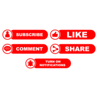 Subscribe button collection PNG with the like, share, and comment section. Stylish metallic color button bundle for social media post. Metallic red color design image.