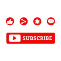 Subscribe button PNG image with metallic color design. Button collection for social media with red color. Like, comment, subscribe, share, and notification buttons on transparent background.