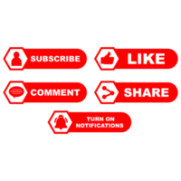 Subscribe button collection PNG image. Red color subscriber button collection. Social media button elements with like, share, bell icon, and comment sections on a transparent background.