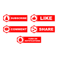 botão de inscrição png design de imagem. coleção de botões de cor vermelha com ícones de curtir, comentar e compartilhar. coleção de botão de mídia social tecnológica de cor vermelha em fundo transparente.