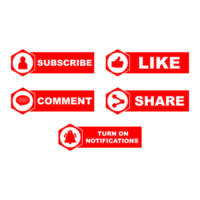 Subscribe button PNG image design. Red color button collection with like, comment, and share icons. Red color technological social media button collection on transparent background.