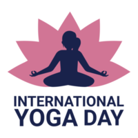 internationell yoga dag särskild logotyp png bild med en kvinna håller på med yoga. yoga dag kalligrafi och lotus blomma silhuett på en transparent bakgrund.