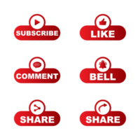 Subscribe button with metallic color design for social media. Button collection for social media with red color. Like, comment, subscribe, share, and notification buttons on a transparent background. png