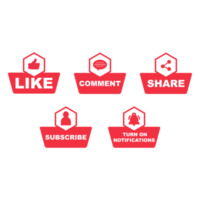 Subscribe button PNG bundle with the like, share, and comment section. Metallic red color design on a transparent background. Red color button collection for social media posts.